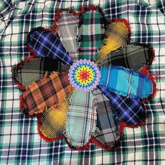 Flannel Shirt Womens 3X Duster Shacket Green Cottage Grunge Art Upcycle Peasant - Picture 12 of 16